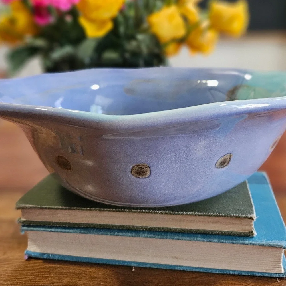 Vtg Italian Pottery Centerpiece Bowl Blue Aqua Freeform Incised Floral Italy 11
